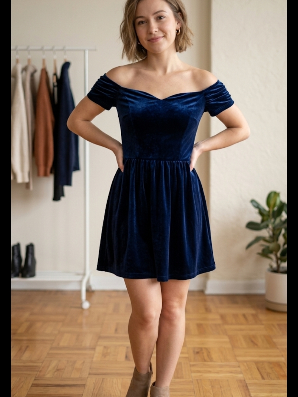 IVY PARK Off-Shoulder Velvet Mini Dress in Deep Blue